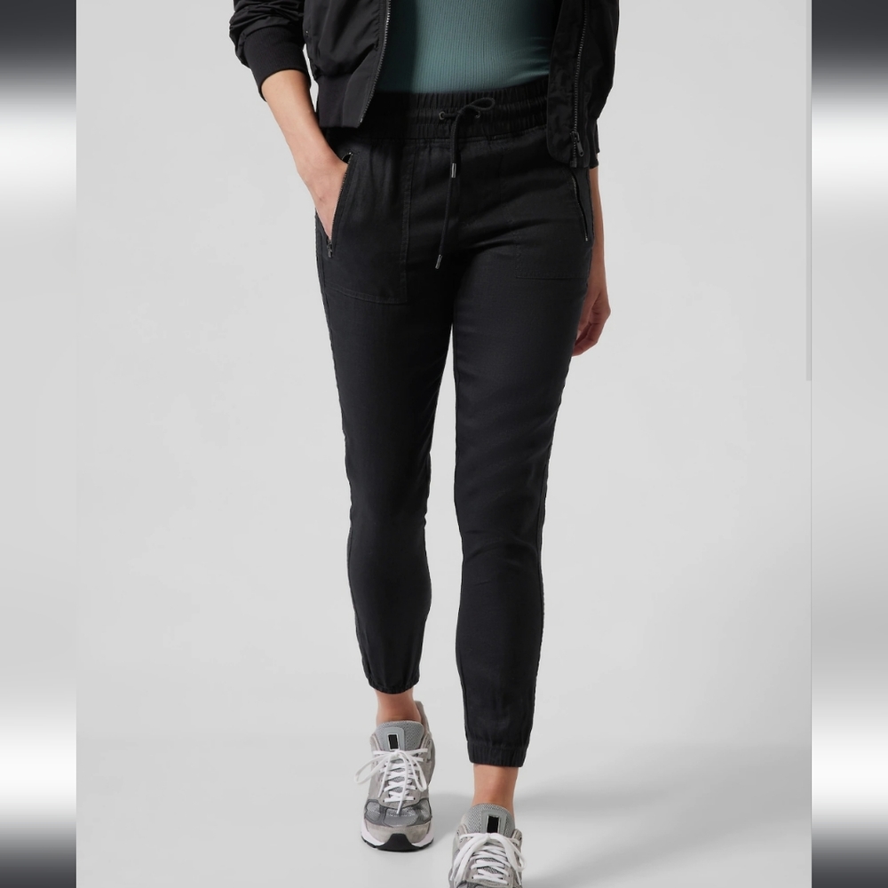 Athleta Cabo Linen Jogger Pants Black Drawstring Zipper Pockets Size 4P Petite